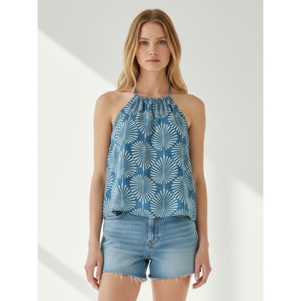 Joie Blue White Sunburst Palm Print Lyocell Halter Tie Back Top Medium